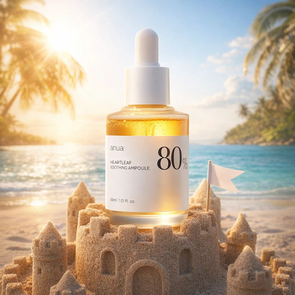 Front view hero shot of "Heartleaf 80% Soothing Ampoule" placed like a treasure at the top of a beautifully detailed sandcastle on a sunny tropical beach. A tiny paper flag next to the bottle. Golden hour sun rays piercing through the scene, creating a magical glow on the serum liquid inside the glass. Photorealistic, commercial grade, 1:1 aspect ratio. (gpt-image-1.5)