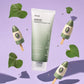 Surreal product photography of "Heartleaf Quercetinol Pore Deep Cleansing Foam" floating mid-air. It is surrounded by floating retro space-age popsicles and green heart-shaped leaves. Background is a solid pastel lavender backdrop with hard, pop-art style shadows. Cosmic, fun, and ultra-creative cosmetics commercial look, 1:1 aspect ratio. (gpt-image-2)