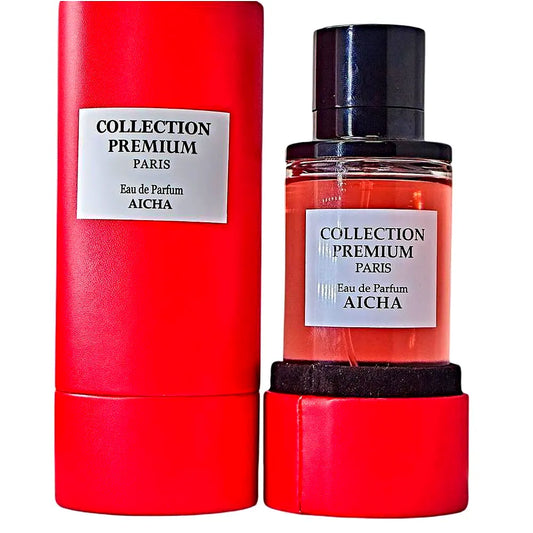 Luxuriöse Parfümflasche von Collection Premium Aicha Eau de Parfum Mixte mit elegantem Design und goldenen Akzenten auf einem eleganten Hintergrund.