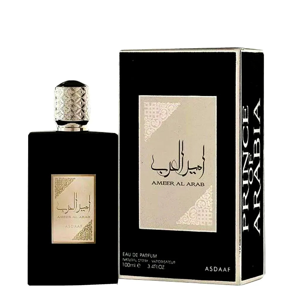 Bottle of Asdaaf Ameer Al Arab Eau de Parfum for men mit elegantem arabischem Design und goldenen Akzenten.