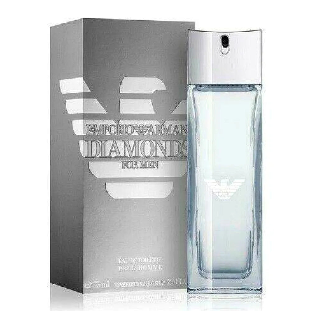 Armani Emporio Armani Diamonds Eau de Toilette für Männer Duftflasche mit schlankem Design und silbernen Akzenten.