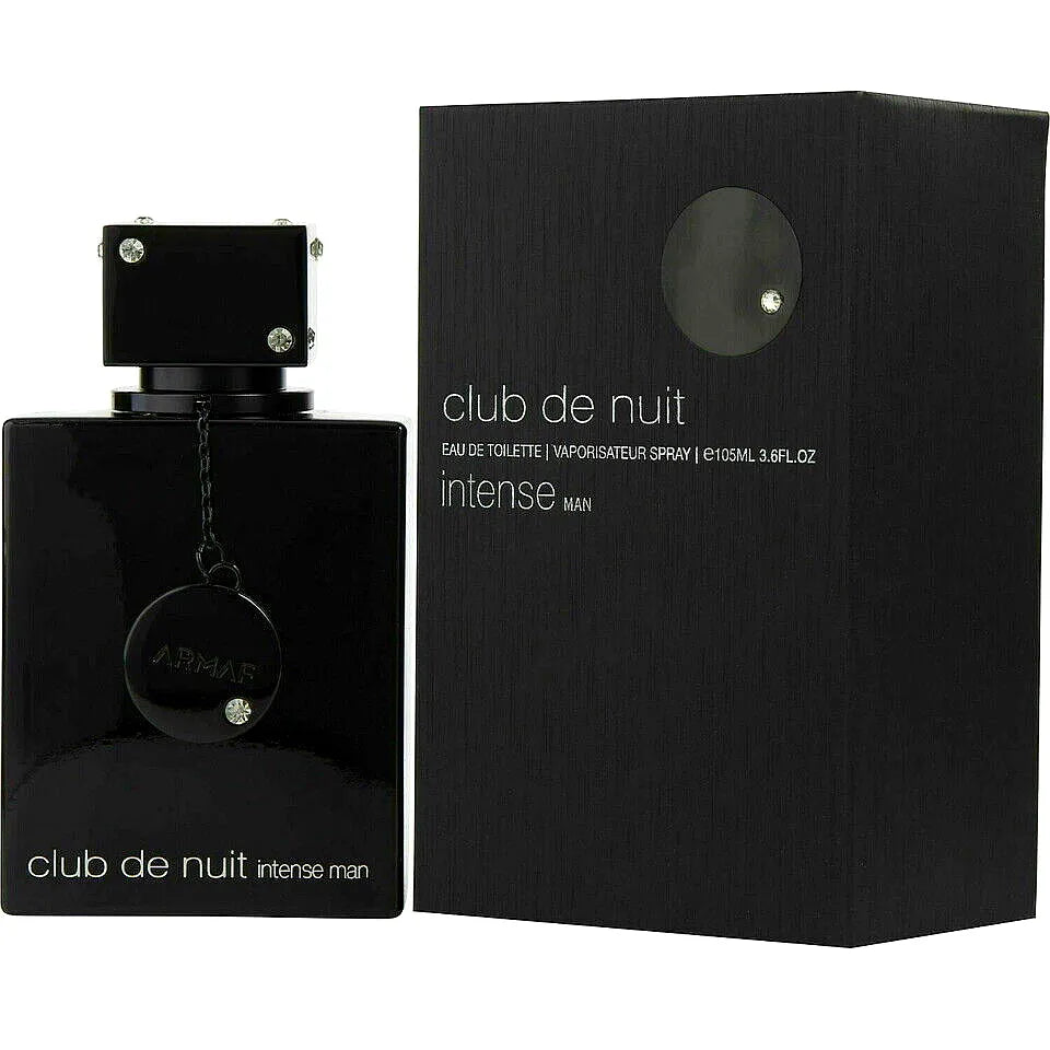 Armaf Club de Nuit Intense Eau de Toilette für Männer - ein schlanker, moderner Herrenduftflakon mit schwarzer Kappe und silbernen Akzenten, der auf einer reflektierenden Oberfläche steht.