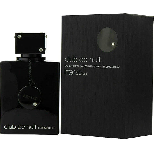 Armaf Club de Nuit Intense Eau de Toilette für Männer - ein schlanker, moderner Herrenduftflakon mit schwarzer Kappe und silbernen Akzenten, der auf einer reflektierenden Oberfläche steht.
