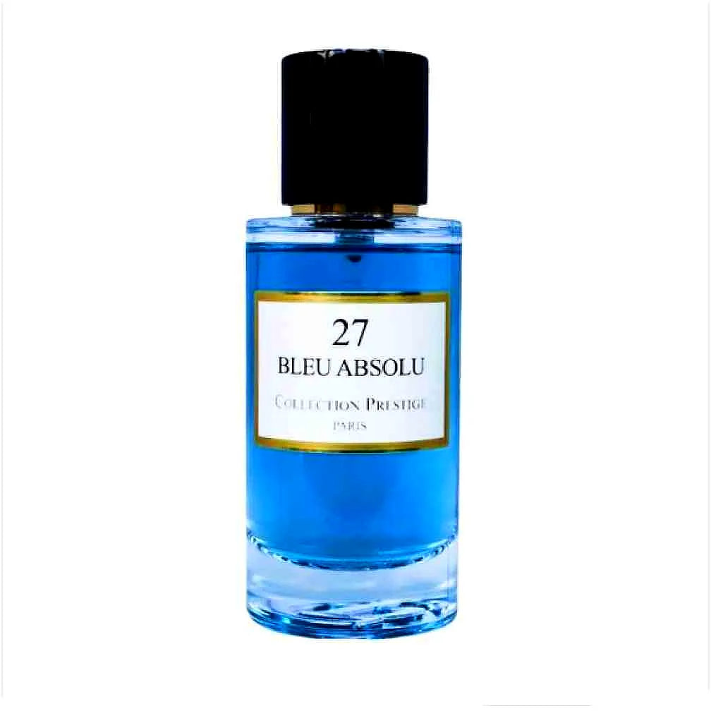 Luxuriöse Parfümflasche der Collection Prestige - Bleu Absolu, ein Unisex-Eau de Parfum, mit einem eleganten blauen Glasdesign mit Goldakzenten und einem schlanken Verschluss.