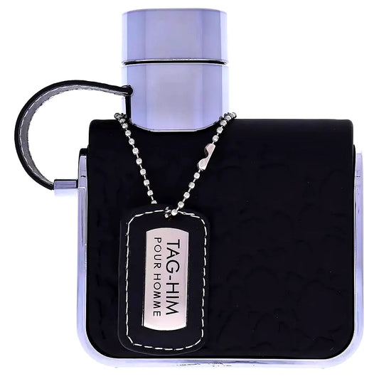 Armaf Tag Him Eau de Parfum pour homme Duftflasche mit sleekem Design, goldenen Akzenten und elegantem Branding.