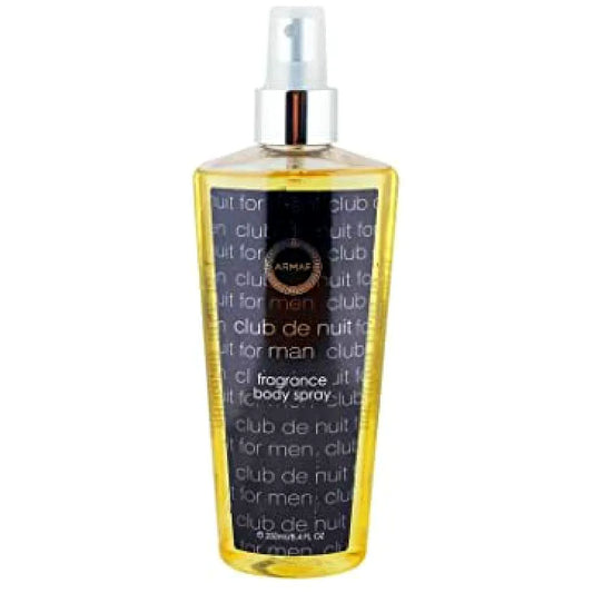 Armaf Club de Nuit Men Body Mist Body Spray Bottle mit stilvollem schwarzen und silbernen Design.