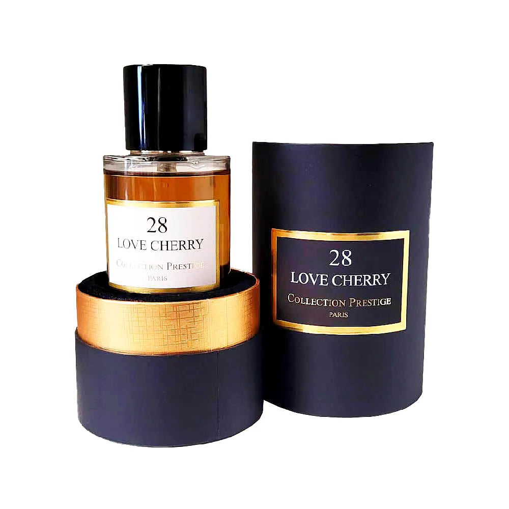 Elegante Flasche von Collection Prestige - Love Cherry Eau de Parfum Mixte mit einem stilvollen Design, einem kirschrotbetonten Duft und luxuriösen Goldakzenten.