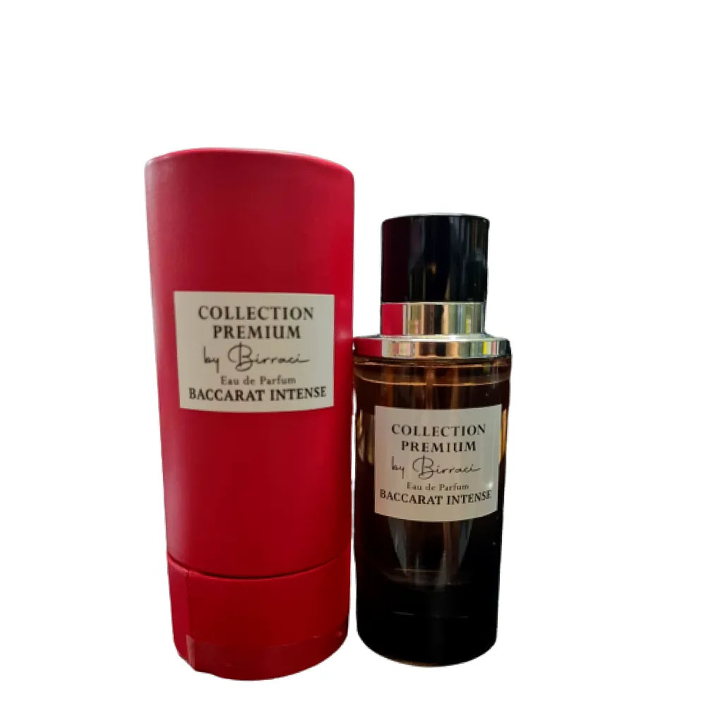 Elegante Flasche von Baccarat Intense Eau de Parfum Mixte aus der Linie Collection Premium, die ein schlankes Design mit reicher Bernsteinflüssigkeit und Goldakzenten aufweist.