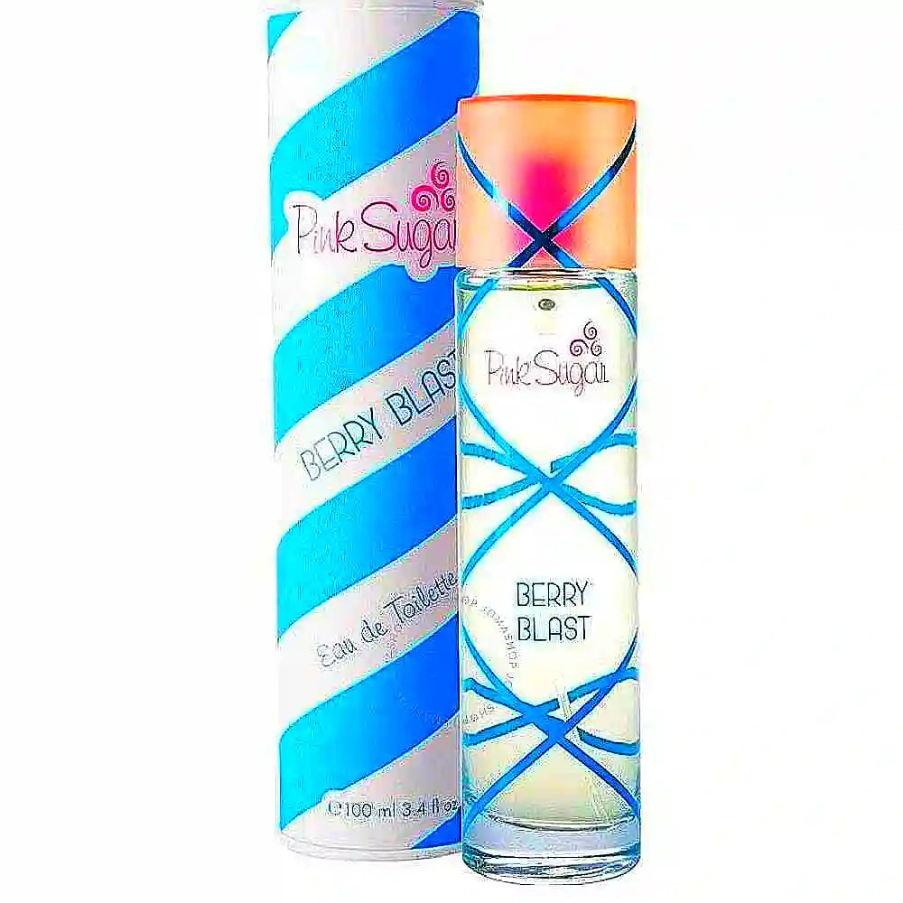 Bottle of Aqualina Pink Sugar - Berry Blast Eau de Toilette for women mit einem pink- und berry-themed Design, featuring a playful, feminine aesthetic.