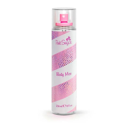 Bottle of Aquolina Pink Sugar Fragrance Brume mit pinkfarbener Flüssigkeit und spielerischem, süßem Design.