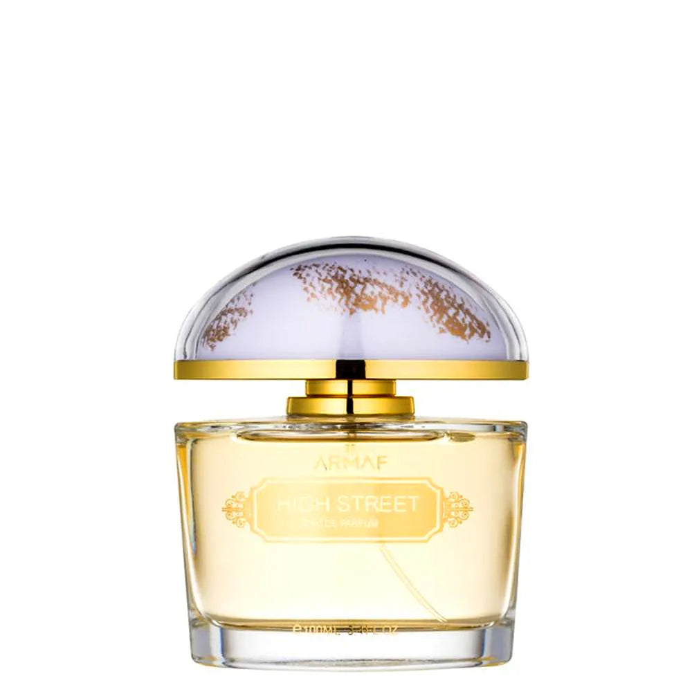Armaf High Street Eau de Parfum for women, ein blumiger und fruchtiger Duft in einer eleganten Glasflasche mit Goldakzenten.