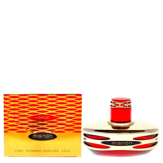 Armaf Mignon Eau de Parfum für Damen, ein blumiger und femininer Duft in einer eleganten Glasflasche mit goldfarbener Kappe.