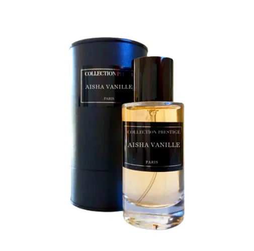 Luxuriöse Prestige Collection Aisha Vanille Perfume Bottle mit goldenen Akzenten und elegantem Design, die einen reichhaltigen Vanilleduft-Extrakt zur Schau stellt.