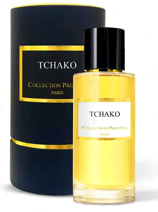 Elegante Flasche von Collection Prestige - Tchako - Eau de Parfum Mixte mit einem luxuriösen Design, das eine goldene Kappe und eine schlanke, transparente Glasflasche umfasst, die den bernsteinfarbenen Duft zeigt.