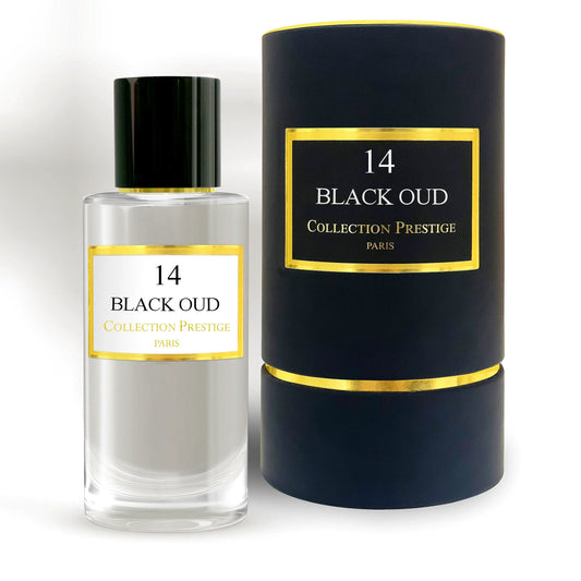 Elegante schwarze Flasche von Collection Prestige - Black Oud Eau de Parfum Mixte mit goldenen Akzenten und einem schlanken Design.