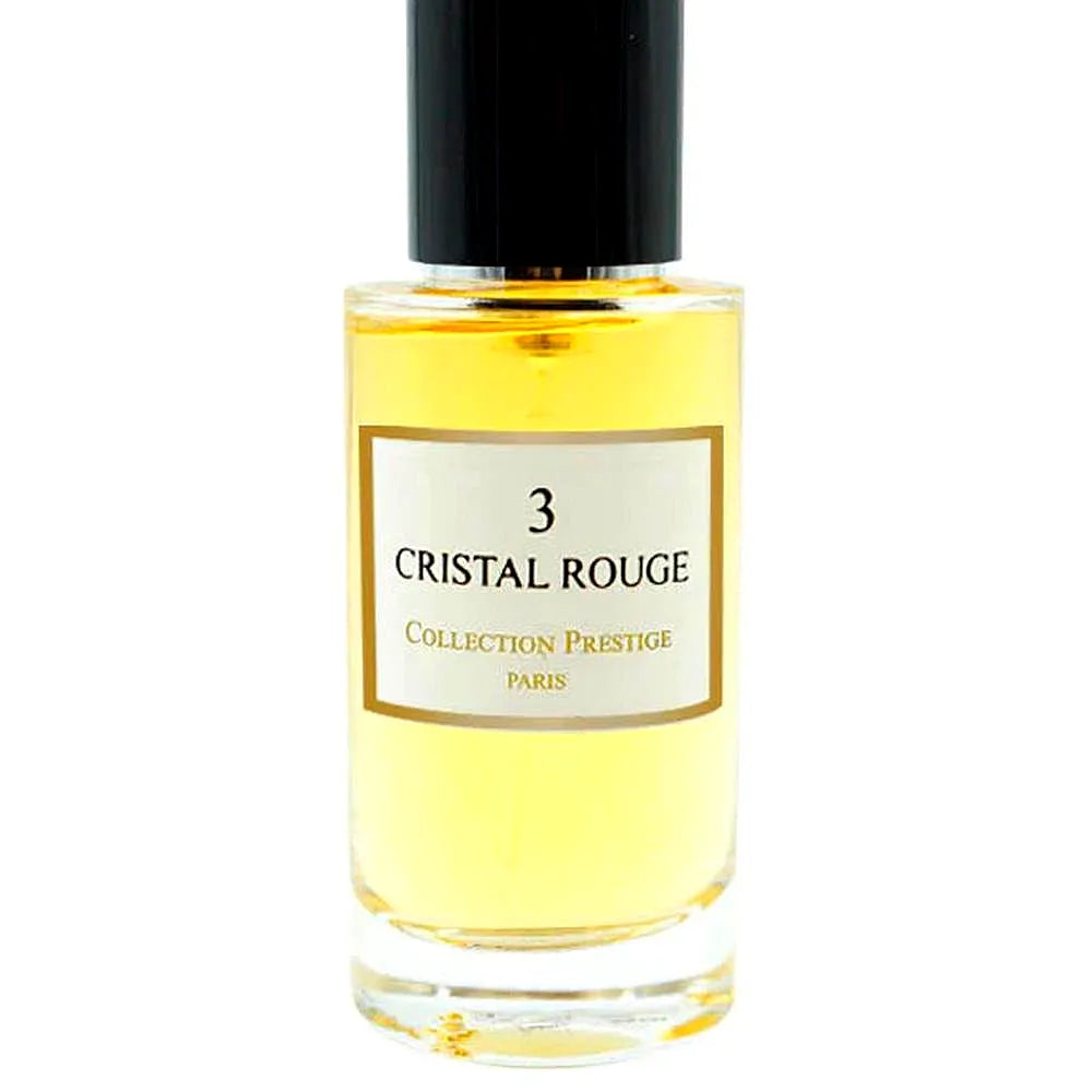 Luxuriöse Parfümflasche aus der Prestige Collection - Cristal Rouge, ein Unisex-Eau de Parfum mit eleganten roten Akzenten und schlankem Design.