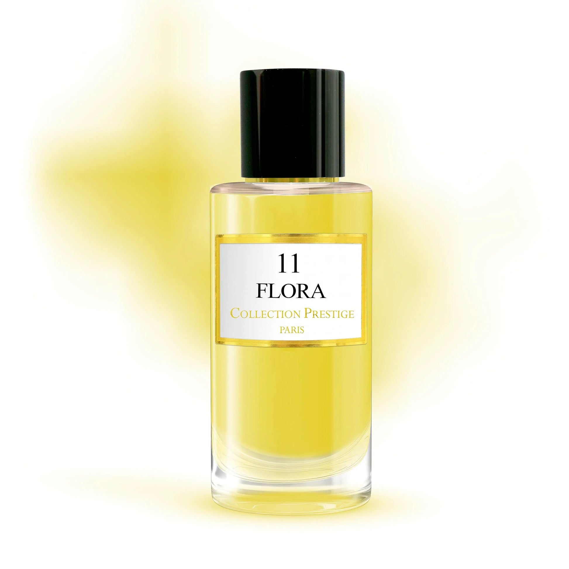 Luxuriöse Parfümflasche aus der Prestige Collection - Flora, ein gemischtes Eau de Parfum, mit elegantem Blumendesign und goldenen Akzenten.