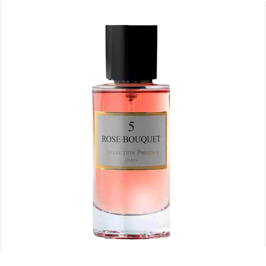 Collection Prestige - Rose Bouquet - Eau de Parfum Mixte Duftflasche mit elegantem Design, das ein blumiges Rosenmotiv und goldene Akzente aufweist.