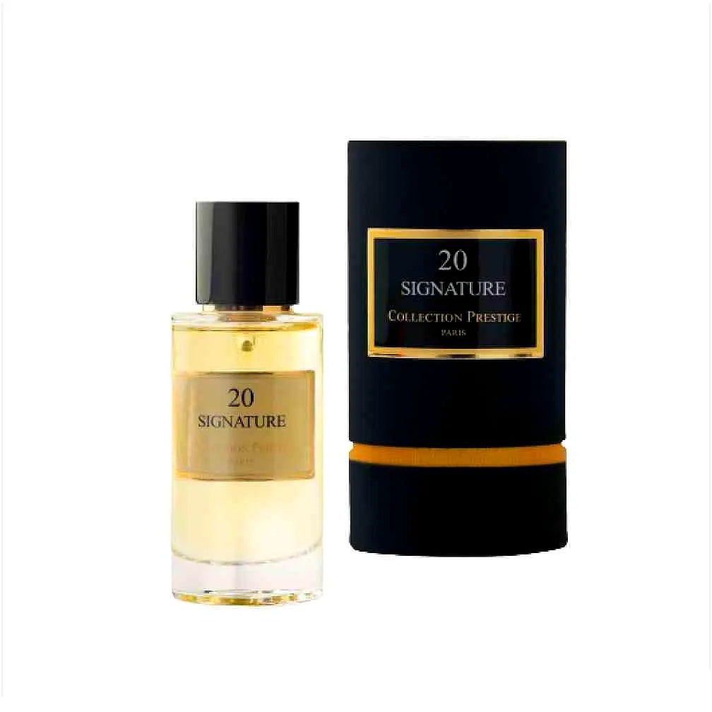 Elegante Flasche von Collection Prestige - Signature - Eau de Parfum Mixte mit einem luxuriösen Gold- und Schwarzdesign, die auf einer reflektierenden Oberfläche steht.