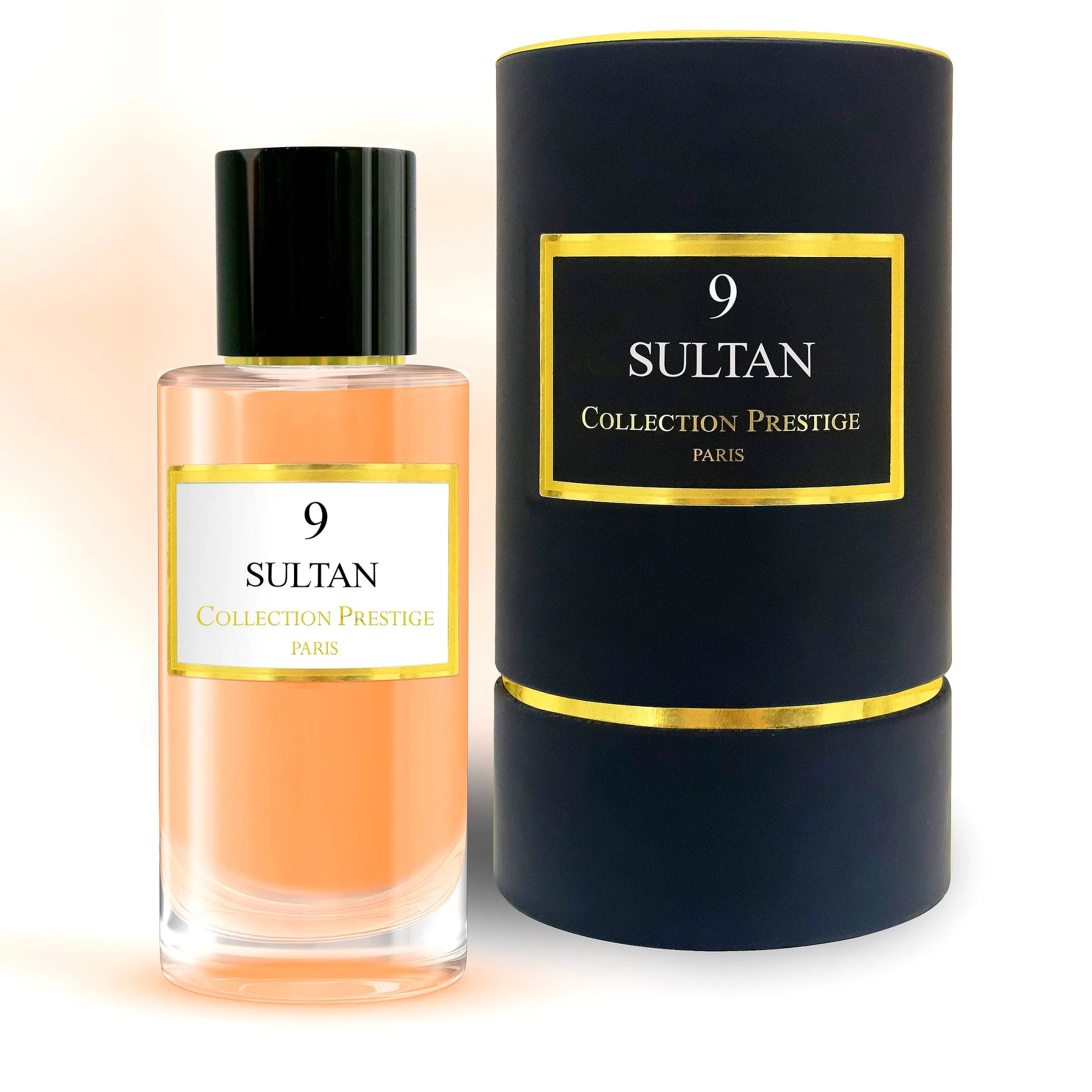 Elegante Flasche von Collection Prestige - Sultan - Eau de Parfum Mixte mit luxuriösen Goldakzenten und einem schlanken Design.