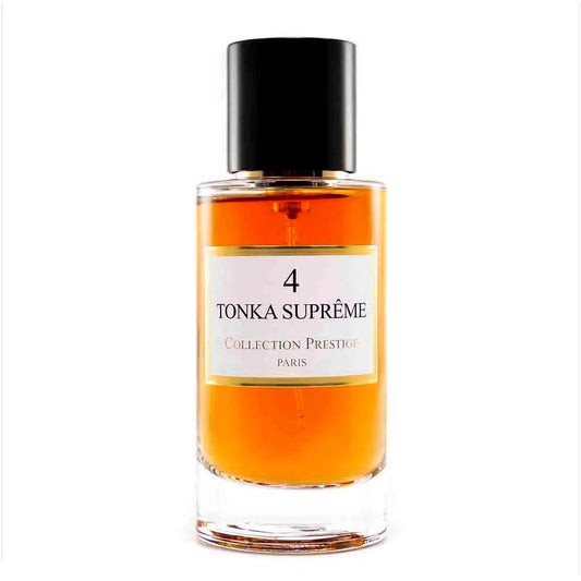 Luxuriöse Prestige Collection Tonka Suprême unisex Eau de Parfum Flasche mit elegantem Design und goldenen Akzenten.