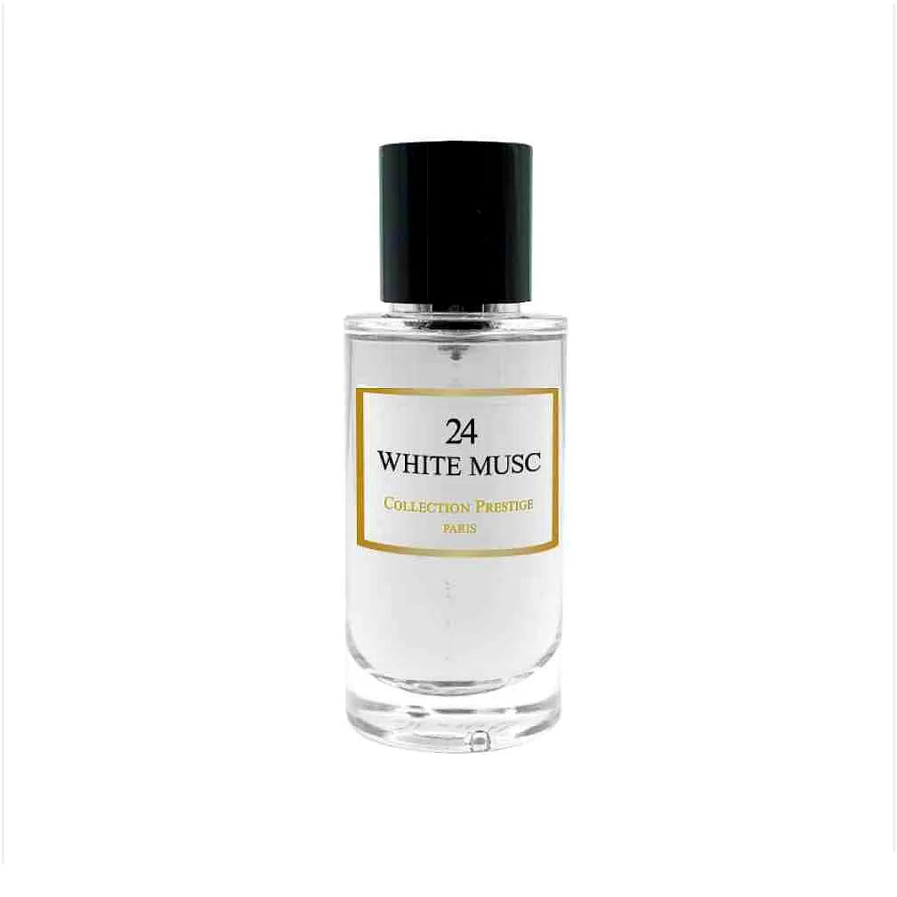 Elegante Flasche von Collection Prestige - White Musc Eau de Parfum Mixte mit einem sleek weißen Design und goldenen Akzenten, die auf einer luxuriösen Marmoroberfläche steht.