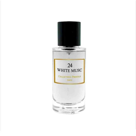 Elegante Flasche von Collection Prestige - White Musc Eau de Parfum Mixte mit einem sleek weißen Design und goldenen Akzenten, die auf einer luxuriösen Marmoroberfläche steht.