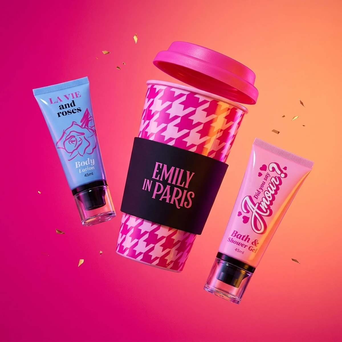 Emily in Paris - Geschenkset Travel Mug + Bath & Duschgel + Körperlotion